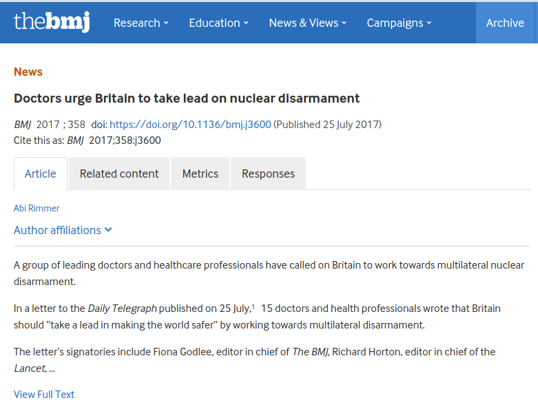 Doctors urge Britain to take lead on nuclear disarmament – The BMJ