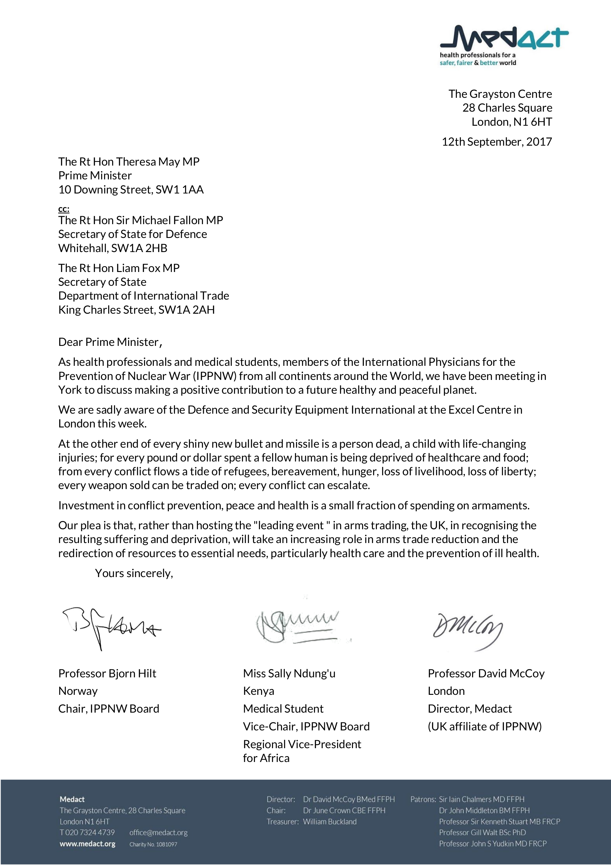 Letter from IPPNW Congress to British ministers re: DSEI arms fare