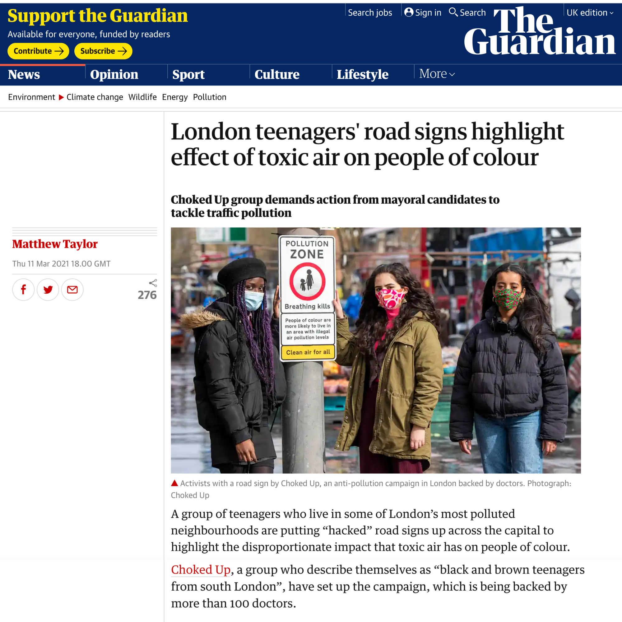 London teenagers’ road signs highlight effect of toxic air on people of colour