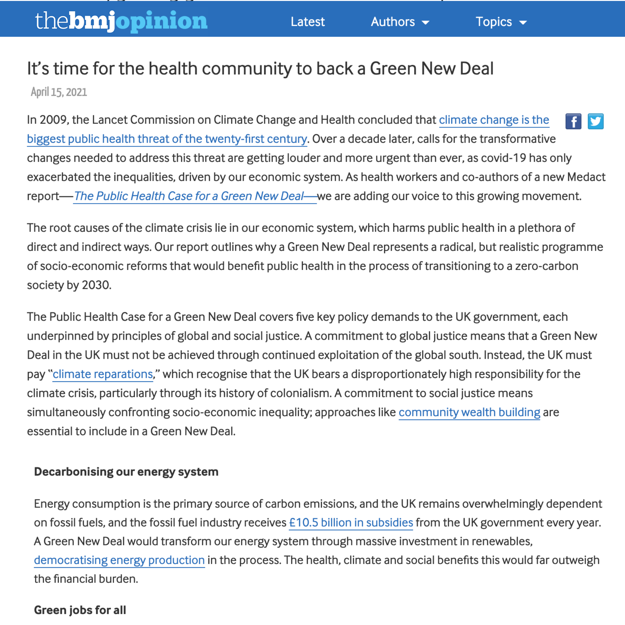 It’s time for the health community to back a Green New Deal